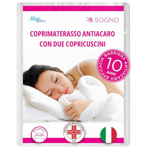 Allergosystem Set Coprimaterasso Antiacaro Matrimoniale con Cerniera 160x190cm e 2 Federe Cuscino Letto 50x80cm - Dispositivo Medico Antiacaro e Anallergico MADE IN ITALY - Linea Sogno - Design e materiali