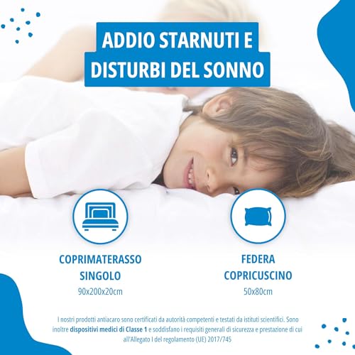 Allergosystem Set Coprimaterasso Antiacaro Singolo con Cerniera 90x200cm e Copriscuscino Letto 50x80cm - Dispositivo Medico Antiacaro e Anallergico MADE IN ITALY - Linea Nuvola - Prova pratica
