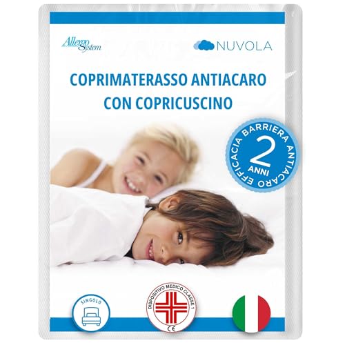Allergosystem Set Coprimaterasso Antiacaro Singolo con Cerniera 90x200cm e Copriscuscino Letto 50x80cm - Dispositivo Medico Antiacaro e Anallergico MADE IN ITALY - Linea Nuvola - Design e materiali